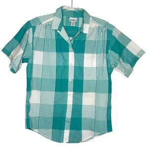 KORET Womens Plaid Short Sleeve Button Down Shirt  Regular Fit Teal White Size S